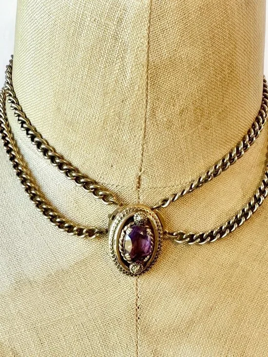Vintage Necklace, Victorian Revival, Choker, Amethyst, Stone, Purple, Gold - Picture 3 of 8